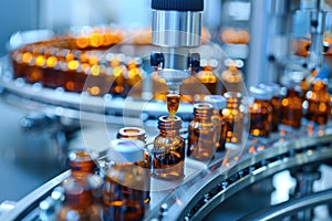 Medical ampoule production line at modern pharmaceutical factory. Medication manufacturing