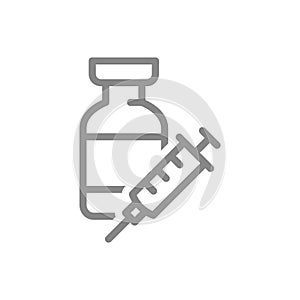 Medical ampoule with syringe line icon. Vaccination, vaccine, immunization, serum, collective immunity symbol