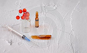 Medical ampules, syringe and red berry on textured background with copy space