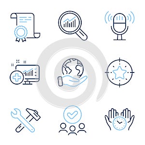 Medical analytics, Microphone and Data analysis icons set. Safe time, Spanner tool and Star target signs. Vector