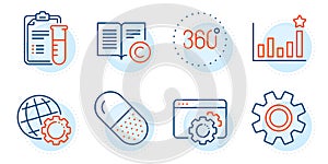 Medical analyzes, Copyright and Globe icons set. Seo gear, Service and Efficacy signs. Vector