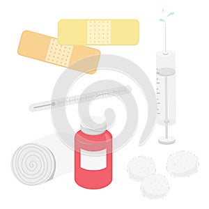 Medical Appliance Hospital Plaster Bandage Syringe Thermometer Cotton Wool Cartoon Vector