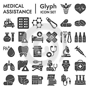 Medical assistance glyph icon set, healthcare symbols collection, vector sketches, logo illustrations, medicine