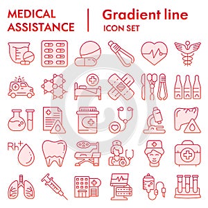 Medical assistance gradient line icon set, healthcare symbols collection, vector sketches, logo illustrations, medicine