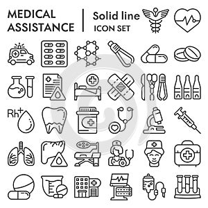 Medical assistance line icon set, healthcare symbols collection, vector sketches, logo illustrations, medicine equipment