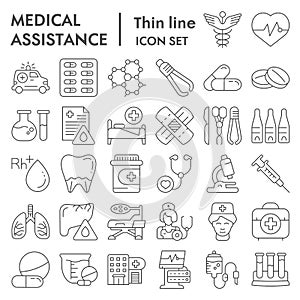 Medical assistance thin line icon set, healthcare symbols collection, vector sketches, logo illustrations, medicine
