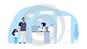 Medical assistant concept. Hospital office. Father and daughter talk with administrator in clinic. Hospital staff and photo