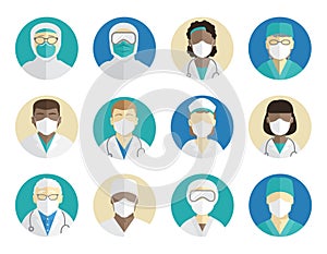Medical avatars set. Doctors, surgeons, and nurses in protective masks. Protection during an epidemic and pandemic.
