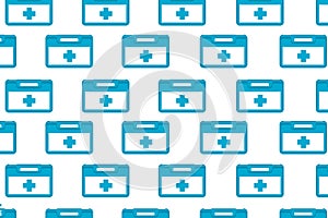 Medical background with blue-colored first aid box on white background. Cute repeated texture business presentation