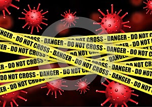 Medical background with danger tape and abstract virus cells