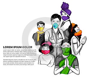 Medical background with Indian people wearing homemade mask showing prevention from deadly Novel Coronavirus 19 epidemic