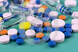 Medical background.Many drugs and pills selective focus.