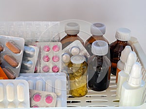 Medical background with medicines for pharmacies, hospitals, clinics. photo