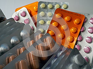 Medical background with pills for pharmacies, business, industry photo