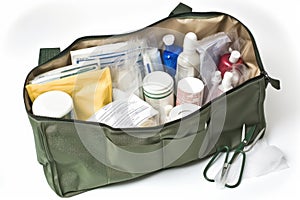 medical bag, filled with bandages, ointments, and other first aid supplies