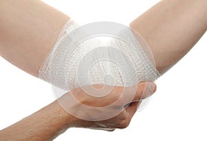 Medical bandage on injury elbow