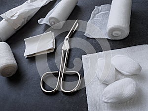 Medical bandages with scissors and sticking plaster. Medical equipment