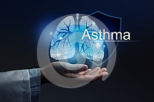 Medical banner Asthma on blue background with large copy space