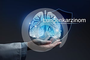 Medical banner Carcinoma with german translation Lungenkarzinom on blue background  and large copy space