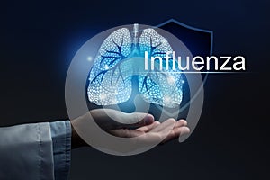 Medical banner Influenza on blue background with large copy space