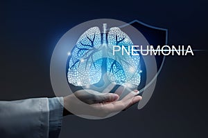 Medical banner Pneumonia on blue background