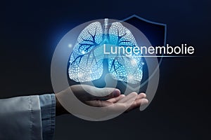 Medical banner Pulmonary Embolism with german translation Lungenembolie on blue background with large copy space