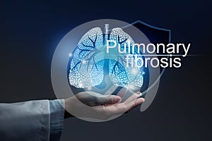 Medical banner Pulmonary fibrosis on blue background
