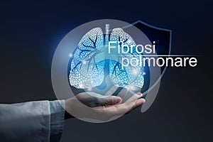 Medical banner Pulmonary fibrosis with italian translation Fibrosi polmonare on blue background  with  large copy space