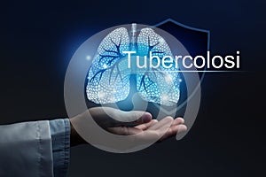 Medical banner Tuberculosis with italian translation Tubercolosi on blue background with large copy space
