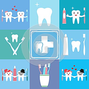 Medical banners design with dental equipment icons and cartoon teeth with a toothbrush and toothpaste
