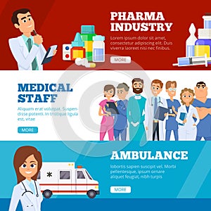 Medical banners. Doctors ambulance and pharma industry medicaments vector flat web online banners