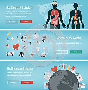 Medical banners set. Healthcare and Medical concept. Web banners with medical icons. Vector