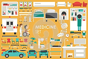 Medical Big Collection in flat design background concept. Infographic elements set with hospital staff doctor and nurse