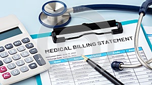 Medical billing statement with doctor stethoscope and calculator