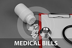 Medical bills, medicine concept. Scattered pills and stethoscope on a grey background
