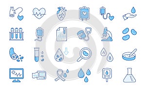 Medical blood doodle illustration including icons - transfusion, sphygmomanometer, glucometer, cardiology, microscope