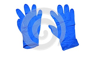 Medical blue rubber glovesâ€‹  for   protection coronavirus isolatedâ€‹ onâ€‹ whiteâ€‹ background