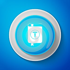 Medical book and Caduceus medical symbol icon isolated on blue background. Medical reference book, textbook