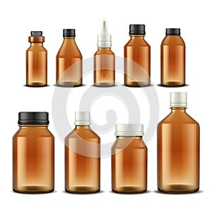 Medical bottle. Realistic pharmacy glass containers for pills mixtures and aromatic oil. Vector drugs and medical photo