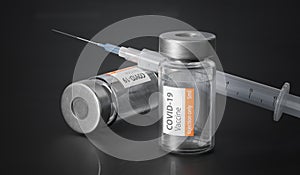 Medical bottles with COVID-19 vaccine. Pandemic and vaccination concept. 3D rendered illustration.