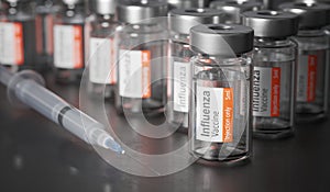 Medical bottles with Influenza vaccine against flu virus. 3D rendered illustration.