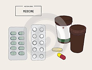 Medical bottles with pills, capsules sketch vector.