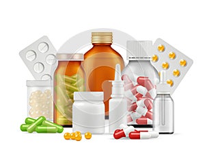 Medical bottles and pills. Medications aspirin antibiotic drugs tablets vector realistic health care concept