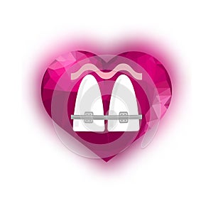 Medical Braces Teeth Icon with Pink Heart. Dental Care Background. Orthodontic Treatment