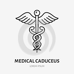 Medical caduceus doodle line icon. Vector thin outline illustration of snake, wings and scepter. Black color linear sign