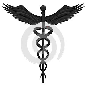 Medical caduceus symbol in black.