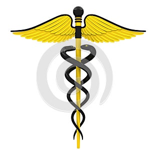 Medical caduceus symbol in yellow and black color.