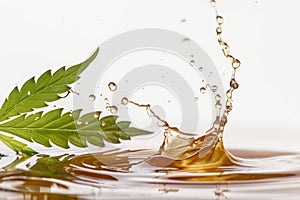 Medical cannabis liquid oil splash with hemp leaf