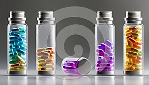 Medical capsule bottles isolated on transparent background and set of scattered capsules on white background.