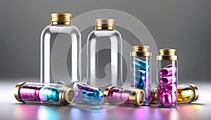 Medical capsule bottles isolated on transparent background and set of scattered capsules on white background.